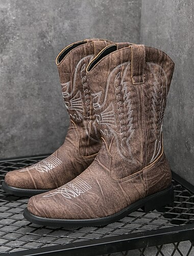  Heren western cowboylaarzen met vierkante neus, instappers tot halverwege de kuit, casual schoenen in landelijke stijl voor dagelijks gebruik