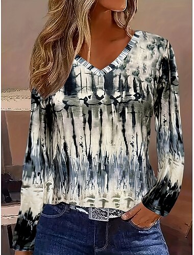  女性用 Tシャツ グラフィック タイダイ 抽象的 ヴィンテージ スタイリッシュ クラシック 長袖 Ｖネック レギュラートップス 日常 プリント ネイビーブルー 春 秋 冬