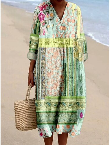  Femmes Robe Midi Robe d'Été Robe trapèze Vacances Occasionnel Boho Plage Fête Date Coupe Ample Fleuri Graphique Paisley manche longue Col en V Rose Claire Vert Claire Violet Claire Été Printemps