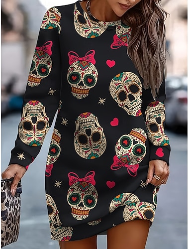 Damen Totenkopf Druck Mini Kleid Lässig Kleid Shift Kleid Lässig Normale Passform Grafik Totenkopf Langarm Rundhals Schwarz Frühling Herbst Winter   Damen Totenkopf Druck Mini Kleid Lässig Kleid Shift Kleid Lässig Normale Passform Grafik Totenkopf Langarm Rundhals Schwarz Frühling Herbst Winter