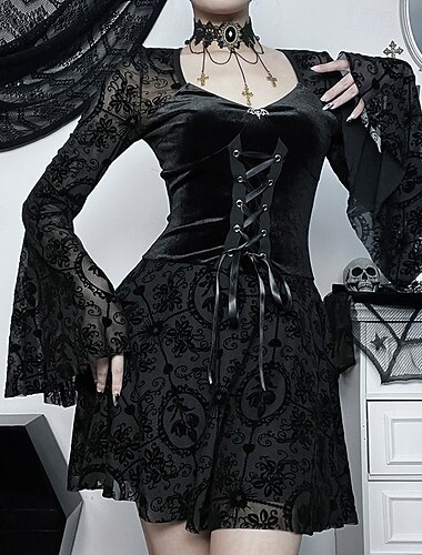  גותיות מיני שמלות פעמון קוסם תחרה קטיפה מחוך פרחוני תחפושות בגדי ריקוד נשים פנטזיה האלווין (ליל כל הקדושים) קרנבל הצגה מפלגה מבוגרים שמלה