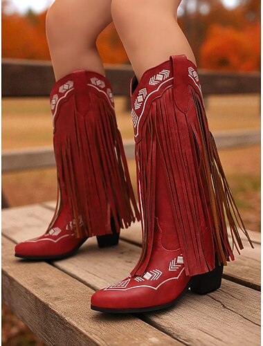  Western cowboylaarzen voor dames met franjes – bruine kniehoge laarzen van imitatieleer met geborduurde details, retro-countrystijl voor rodeo, herfstfestivals en boerderijmode