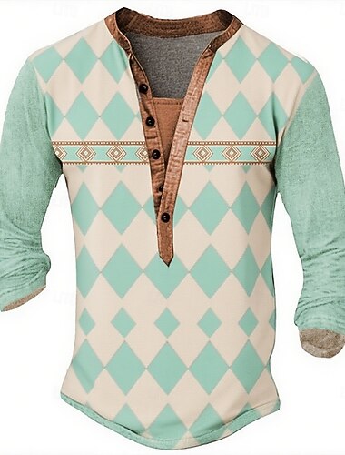 Homens Geométrica Étnico Camiseta Camisa Henley Manga Longa Designer Retro Vintage Casual Rua Casual Diário Verão Primavera Outono Verde Claro Henley Camiseta Henley   Homens Geométrica Étnico Camiseta Camisa Henley Manga Longa Designer Retro Vintage Casual Rua Casual Diário Verão Primavera Outono Verde Claro Henley Camiseta Henley