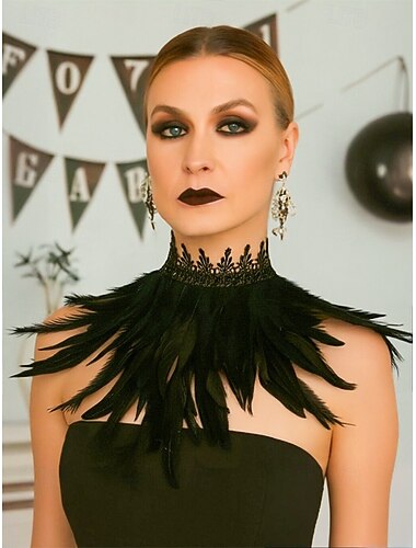  Dames Halloween Gothic zwarte veren halssjaal, vintage kanten kraag kostuum accessoire voor feesten, maskerade en cosplay