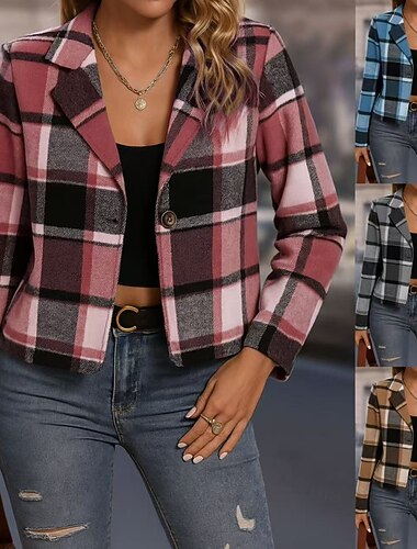  نسائي جاكيت كاجوال مريح متنفس طباعة كاجوال منقوش عطلة شارع فضفاض مناسب للبس اليومي صدر فردي قصيرة طوي عادي كم طويل ملابس خارجية أزرق سماوي فوشيا كاكي الربيع الخريف