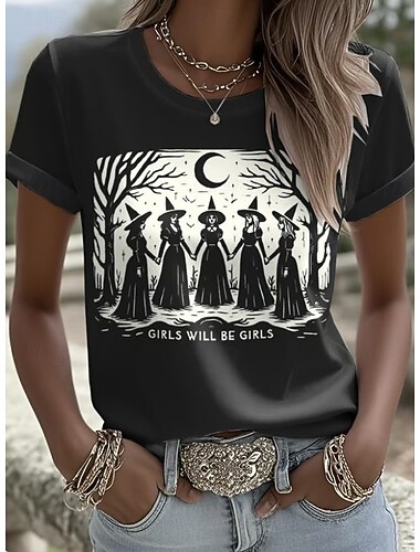  ΦανHalloween Γυναικείο T shirt Μάγισσα Γραφικό Vintage Στυλάτο Κλασικό Κοντά Μανίκια Crew Neck Στρογγυλή Λαιμόκοψη Κανονικά Μπλουζάκια Για Καθημερινή Χρήση Σαββατοκύριακο Εκτύπωση Μαύρο Πορτοκαλί