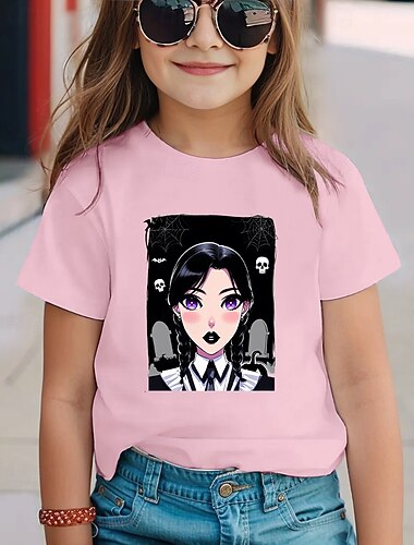 Camiseta gótica con estampado de los Miércoles Addams, linda camiseta de verano de manga corta transpirable para Halloween.