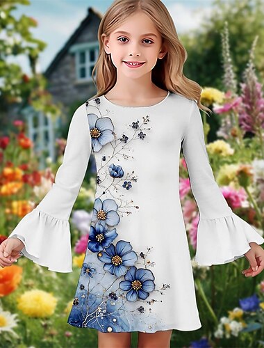  ragazze' 3D Floreale Abito Vestito con Volant Manica Lunga Estate Primavera Vacanza Quotidiano Ferie Bello Dolce Bambini 4-12 Anni Vestito Casual Lunghezza al ginocchio Vestibilità regolare