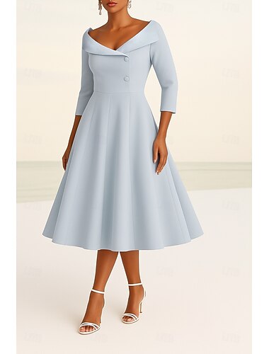  Linea ad A Abito da cerimonia per signora Formale Ospite di nozze Elegante Semplice Minimalista Scollo a V Bavero Lunghezza al ginocchio Raso Crêpe Tessuto Elasticizzato Manica 3/4 con Tinta unita