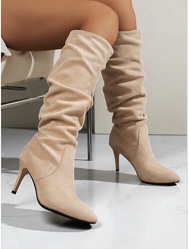  Beige suède imitatie slouch kniehoge laarzen met stilettohak voor dames - modieuze herfstschoenen voor stijlvolle dagelijkse en date-outfits