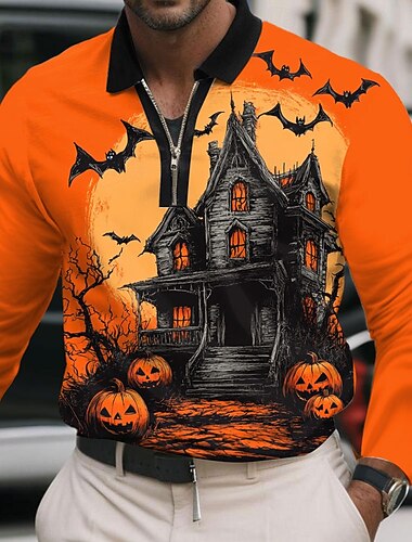  Halloween Ανδρικά Κολοκύθα Κάστρο Πόλο Μακρυμάνικο Μπλουζάκια πόλο Πέτο Καθημερινό Δρόμος Καθημερινά Ρούχα Φεστιβάλ στολή 3D εκτύπωση Quarter Zip Polo Άνοιξη Φθινόπωρο Χειμώνας Μαύρο Πορτοκαλί