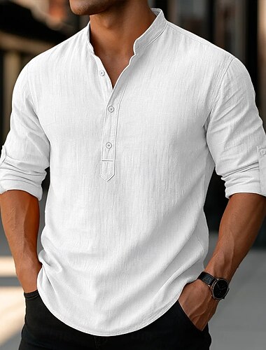  Pánské Lněná košile Popover košile Košile pro volný čas Plážová košile Košile s páskovým límečkem Bez vzoru Dovolená Havajské Černá Bílá Světlá růžová Oranžová Dlouhý rukáv Henley Jaro léto Oblečení