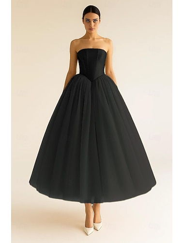  Ligne A Longueur thé Robes de Bal Élégant Sans manches Sans bretelles Fête de jardin Mariage Tulle Satin Extensible avec Double Fente