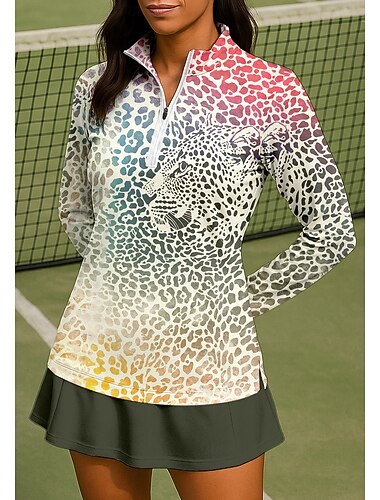  女性用 グラフィック 動物 レオパード 勾配 シャツ スポーツシャツ ポロシャツ テニスシャツ 長袖 ジッパー 花柄 UPF50+ UV耐性 高弾性 吸汗性 高通気性 テニス ゴルフ ピクルスボール スタンド ジップカラー シャツ トレーナー ライトイエロー テニスウェア