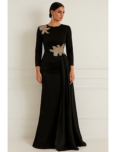  Schlauchkleid Bodenlang Abendkleid Ballkleid mit Überrock Festliche Kleidung Elegant Dreiviertelarm Rundhalsausschnitt Hochzeit Formell Rosa Kleid Stretch Satin mit Glitzer Falten