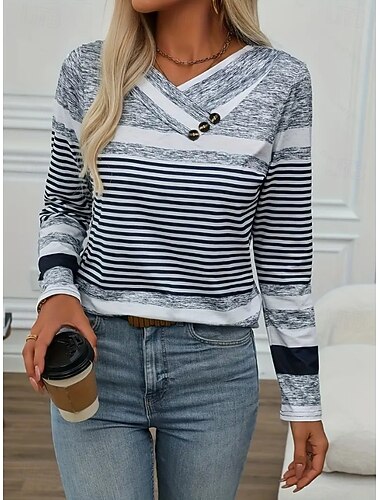  Dames T-shirt Grafisch Geometrisch Vintage Stijlvol Klassiek Lange mouw Strakke ronde hals V-hals Normale tops Dagelijks Knop Afdrukken Assymmetrisch Grijs Lente Herfst
