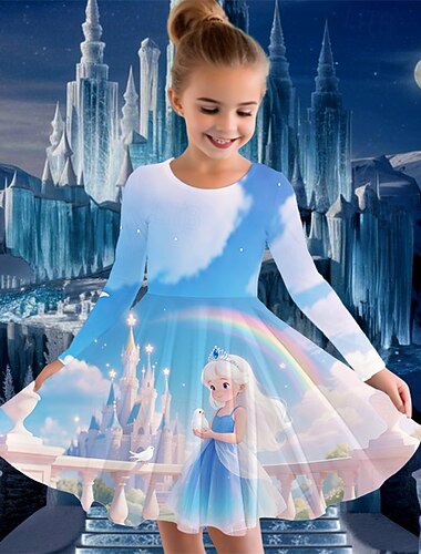  Tyttöjen 3D Piirretty Mekko Pitkähihainen Kesä Kevät Loma Päivittäin Pyhäpäivä Prinsessa Kaunis Makea Lapset 4-12 vuotta Rento mekko A linjainen mekko Polvipituinen Normaali