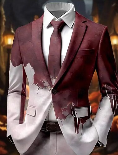  Halloween Męskie Płaszcz Marynarka Na zewnątrz Ulica Codzienny Codzienne Jesień / Zima 100% poliester Gradient Plamy krwi Druk 3D Guziki Keep Warm Wygodny Guziki jednorzędowe Blezer Czerwony