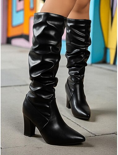  Bottes hautes en similicuir marron pour femme - Bottes d'automne et d'hiver à talon bloc et bout pointu pour un usage quotidien élégant et un style urbain décontracté