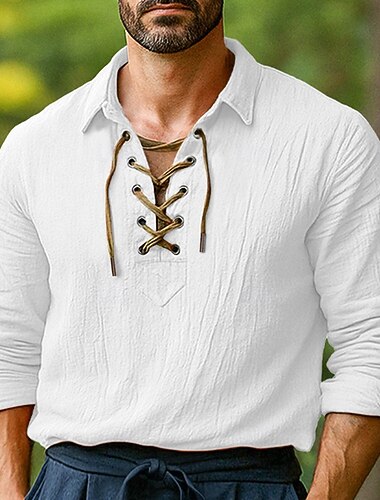  Per uomo Camicia Camicia di lino Stile vichingo Camicia Estiva Abbigliamento da spiaggia Tinta unica Vacanza Streetwear Bianco Arancione Verde Azzurro Manica Lunga Senza colletto Abbigliamento