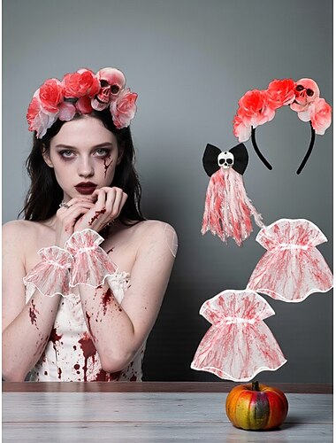  Tillbehörsset för Halloween-kostym med blodig brud för kvinnor - huvudband med dödskalle och ros, handledsmanschetter i blodig spets och skräckslöja för zombie-, vampyr- och läskiga festkläder