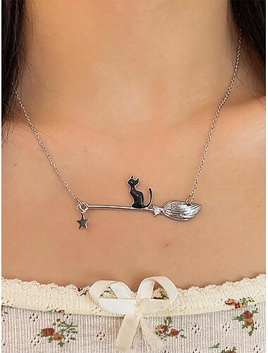  Collana da donna con scopa da strega di Halloween, ciondolo con gatto nero e stella: gioielli carini ed eleganti per feste di Halloween e occasioni a tema