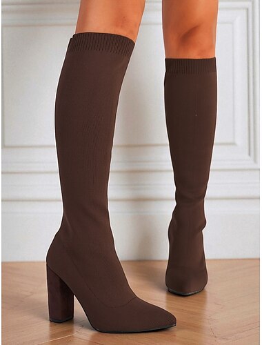 Bottes chaussettes hautes rouges pour femmes - Bottes longues à talon épais et bout pointu en tricot extensible pour des tenues d'automne-hiver à la mode, des fêtes et des looks streetwear