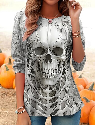  Halloween 女性用 Tシャツ グラフィック スカル カボチャ ヴィンテージ スタイリッシュ クラシック 長袖 クルーネック レギュラートップス 日常 プリント ブラック ルビーレッド ライトブラウン オレンジ ライトグレー 秋 冬