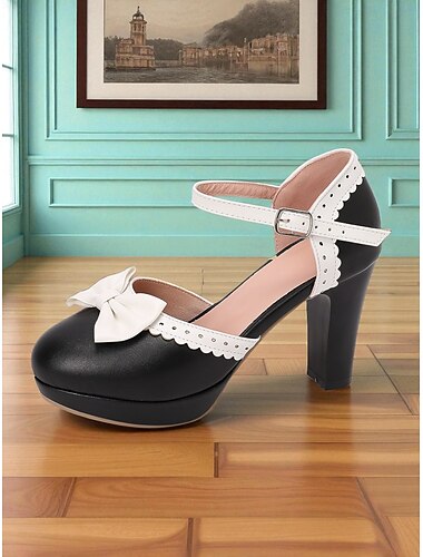  Tacones con tiras en el tobillo y lazo en blanco y negro para mujer: zapatos de plataforma con punta redonda estilo vintage de los años 50 para looks lolita, fiestas de té y elegantes atuendos