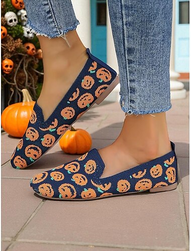  scarpe basse da donna con punta quadrata e stampa di zucca in maglia - scarpe casual slip-on a tema Halloween per le feste autunnali e l'uso quotidiano