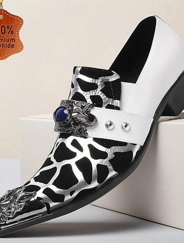  scarpe eleganti slip-on da uomo con stampa mucca bianca e nera – mocassini western con fibbia gioiello per concerti, feste e costumi