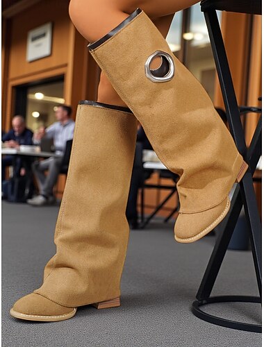  Suède dameslaarzen met omslagschacht en metalen ringdetail - modieus kniehoog flip bucket-ontwerp, trendy schoenen in stedelijke stijl voor casual streetwear en moderne stadsoutfits voor dames