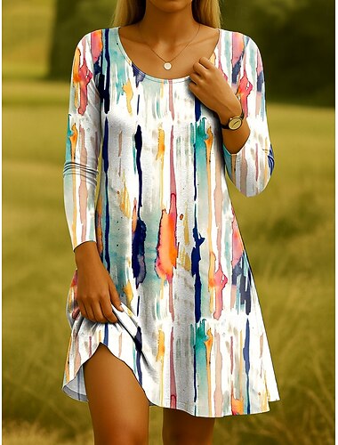  Frauen Mini Kleid Rundhalsausschnitt Lange Ärmel Strickkleid Lässiges Kleid T-Shirt Kleid Tee Kleid Lässig Reguläre Passform Ombre Grafik Schwarz Weiß Blau Frühling Herbst Winter