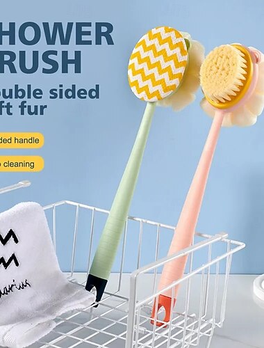  Cepillo de baño y espalda 2 en 1 con mango extra largo y cerdas suaves, bola de ducha exfoliante, cepillo corporal de doble cabezal, cuidado suave de la piel, artículos esenciales para el baño.
