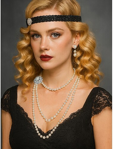  set di collana e orecchini di perle da donna anni '20 - gioielli con perline finte a tre strati con spilla di strass, accessori vintage in stile flapper Gatsby per cocktail party, matrimoni e feste a