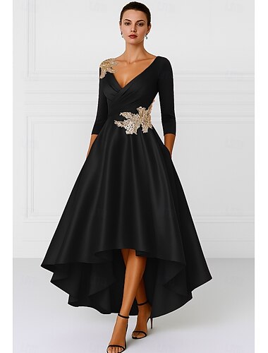  abito da sposa a trapezio nero e rosso elegante scollo a V asimmetrico in raso manica lunga con applicazioni 2025