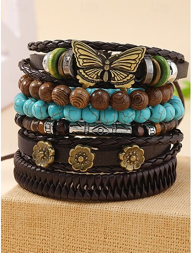  Conjunto de pulsera bohemia de cuero y cuentas de madera para mujer: dije de mariposa vintage, turquesa multicapa para ocasiones informales, viajes y festivales de verano.