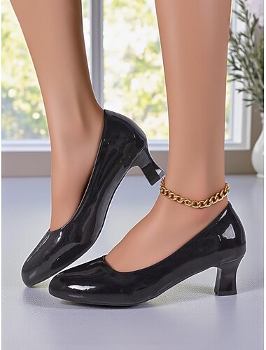  Scarpe eleganti da donna in similpelle nera verniciata con tacco medio - classiche décolleté con punta tonda per ufficio, abbigliamento business e chiesa.