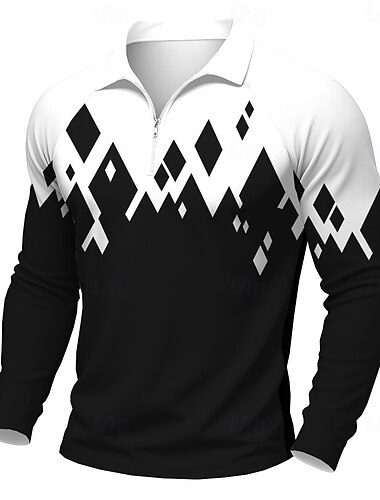  Voor heren Meetkundig Polo Lange mouw Poloshirt Casual Buiten Straat Alledaagse kleding 3D-afdrukken Polo met kwartrits Lente Herfst Winter Zwart Wit