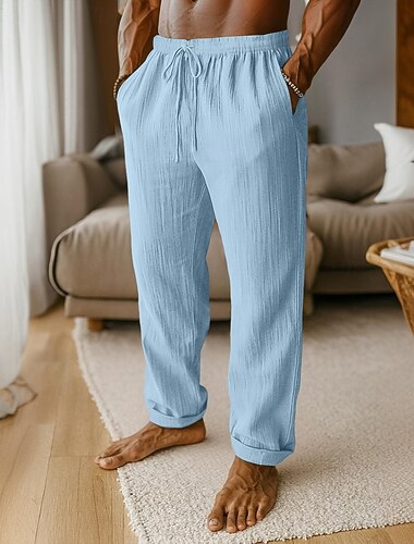  Per uomo Pantaloni di Lino Pantaloni Pantaloni Larghi Pantaloni da Spiaggia Coulisse Tasca Semplice Comodità Traspirante Lunghezza intera Quotidiano Vacanza Elegante Nero Bianco Inelastico