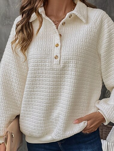  felpa con texture da donna, felpa a nido d'ape, felpa pullover, felpe, semplice, streetwear, casual, manica lunga, scollo a V, top normali, strada, per uscire, bottoni, beige, autunno