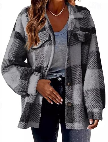 Γυναικεία Μπουφάν Sherpa Casual Jacket Διατηρείτε Ζεστό Άνετο Τσέπη Κουμπιά Καθημερινό Καρό Αργίες Εξόδου Μονόπετο Κανονικό Απορρίπτω Κανονικό Μακρυμάνικο Εξωτερικά ενδύματα