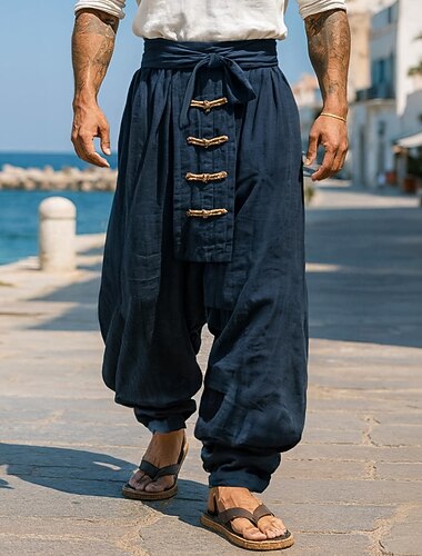  Homme Pantalons en Lin Pantalons Pantalon d'été Pantalons Amples Cordon de serrage Taille Élastique Boutons Uni Confort Respirant Longueur complète Extérieur Yoga Occasionnel Designer Rétro Vintage