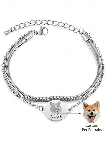  Bracelet photo commémoratif personnalisé pour animaux de compagnie, bracelet en acier inoxydable à double chaîne gravé au laser personnalisé, cadeau souvenir en or/argent pour maman, papa, couples