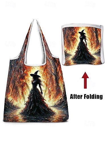  Sac fourre-tout pliable et réutilisable pour femme, imprimé sorcière d'Halloween – Sac à bandoulière léger et de grande capacité avec coutures renforcées et tissu lavable pour les friandises, les fêtes, les voyages et l'utilisation quotidienne