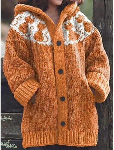  Damen Strickjacke Urlaub Täglich Blumen Gerippt Mit Kapuze Gestrickt Druck Fronttasche Langarm Normale Oberteile Stricken Outdoor Täglich Ferien Blau Orange Herbst Winter