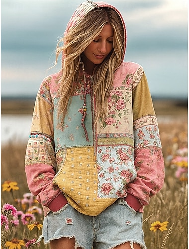  Γυναικείο 3D Εκτύπωση Vintage Boho Φόρεμα Patchwork Φόρεμα Φούτερ Floral Pullover Φούτερ Elegant Ζεστό Active Vintage Μακρύ Μανίκι Καθημερινά Ρούχα Casual Patchwork Εκτύπωση Κίτρινο Ανοιχτό Πράσινο