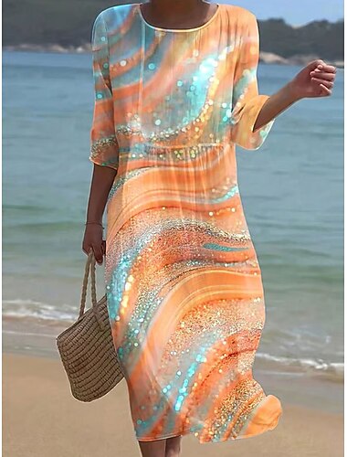  Dámské maxi šaty kaftan s 3/4 rukávy kulatým výstřihem volnočasové šaty A-linie boho pravidelný střih grafické geometrické abstraktní bílé žluté modré oranžové jaro podzim