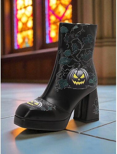  női halloweeni platform bokacsizma – fekete műbőr töklámpás mintával, tömbsarkúval és oldalsó cipzárral, ijesztő gótikus stílus jelmezbálokra, tematikus eseményekre és édességgyűjtő bulira