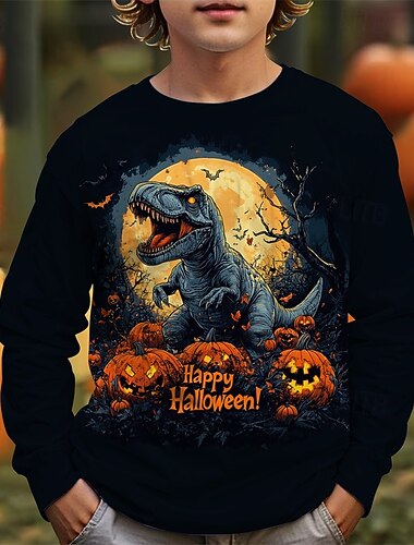  Víspera de Todos los Santos Chico 3D Caricatura Calabaza Dinosaurio Camiseta Manga Larga Primavera Otoño Moda Básico Niños 4-12 años Cuello Barco Exterior Casual Diario Ajuste regular